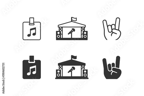 Music festival icons: stage, microphone, and rock hand symbol set.