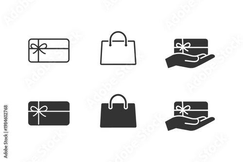 Gift card, shopping bag, hand icon set - black and white minimalist design.