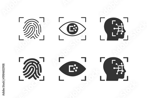 Biometric identification icons including fingerprint eye and facial recognition symbols.