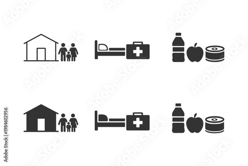 Evacuation necessities: shelter, healthcare, food, water icons.