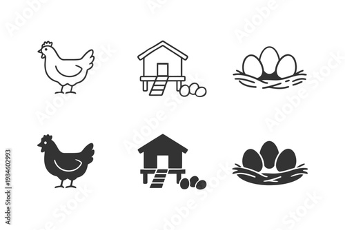 Chicken coop icons with hen and eggs.