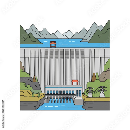 Modern Hydroelectric Dam Power Plant with Reservoir and Mountains