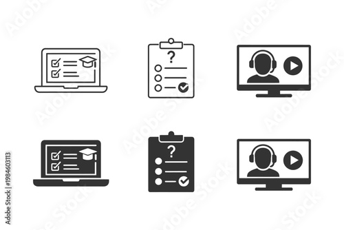 Educational icons set: laptop, checklist, and video call symbols.