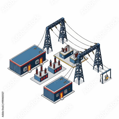 Isometric Power Grid Infrastructure with Substations and Transmission Lines.