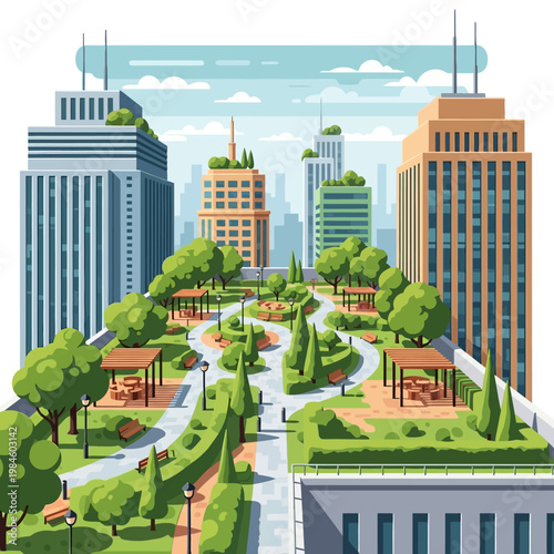 Modern green rooftop park with skyscrapers in the background, urban oasis concept.