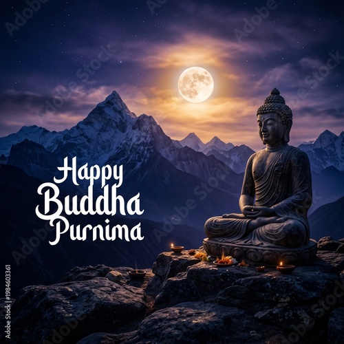 Buddha statue, serene mountain landscape, Happy Buddha Purnima, meditation scene, Asian culture