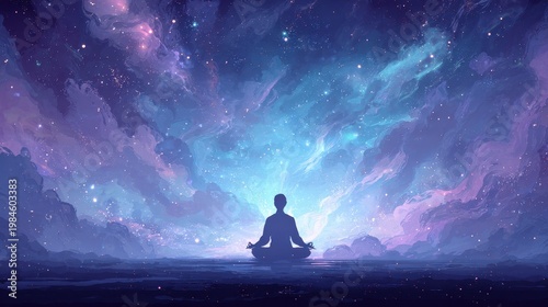 Back-view silhouette meditating in a star-filled cosmic space with soft glow and tranquil transcendental mood