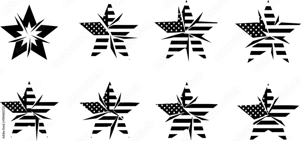 Fototapeta premium A collection of patriotic star designs with American flag patterns on a white background