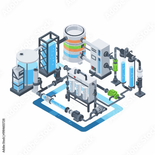 Isometric Water Purification System Illustration.