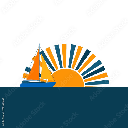 Sailboat sailing on blue water with sunburst sunrise background