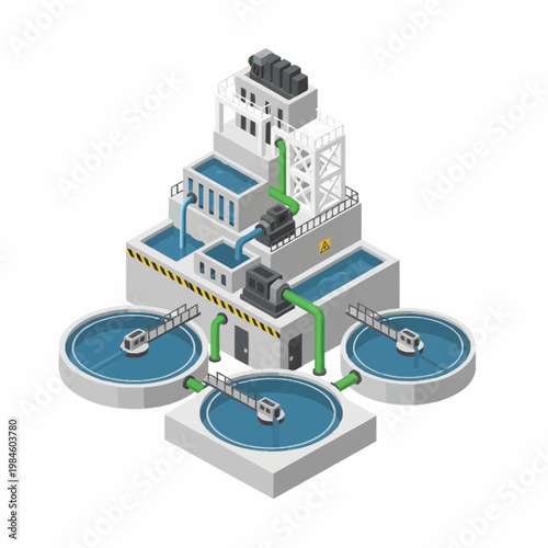 Isometric Water Treatment Plant Illustration for Industrial Processes.
