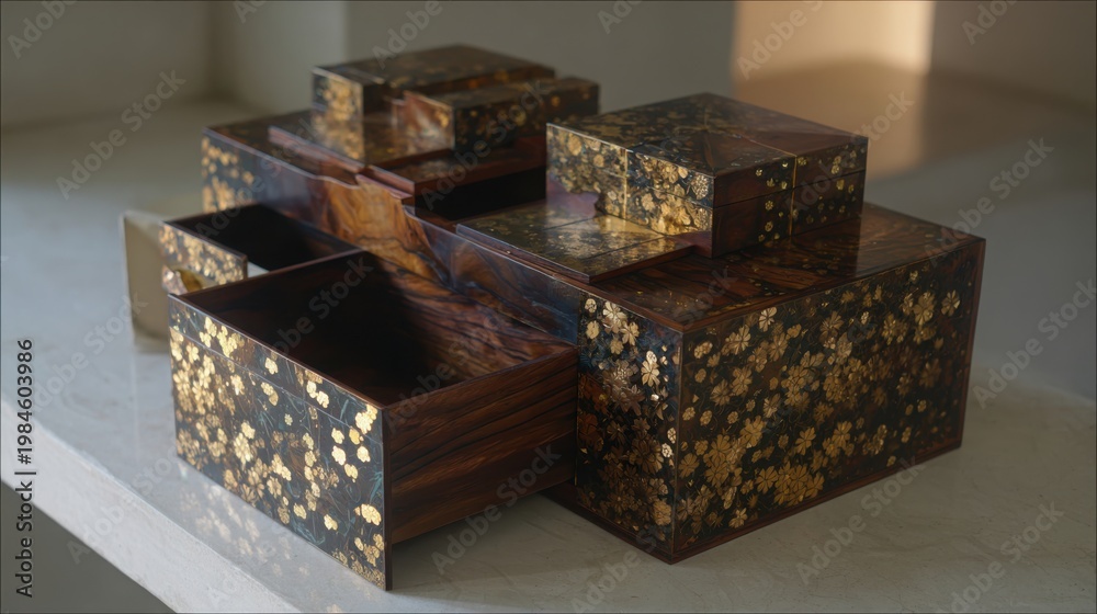 Fototapeta premium Exquisitely Crafted Wooden Puzzle Box with Intricate Gold Inlay and Compartments