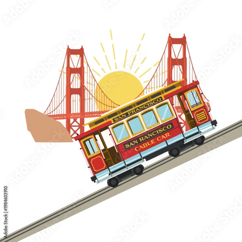 San Francisco Cable Car Ascending Hill with Golden Gate Bridge and Sun