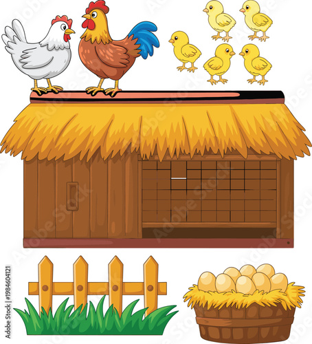Farmyard chicken coop illustration, hens and chicks drawing, basket of eggs graphic, rural poultry art, countryside livestock design, farm life