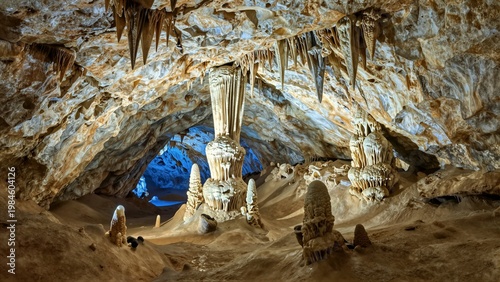 Interior of a cave with intricate stalactite and stalagmite formations under artificial lighting, soft focus.