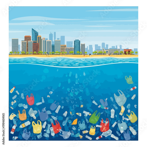 Ocean Pollution: Plastic Waste Underwater Below City Skyline and Beach
