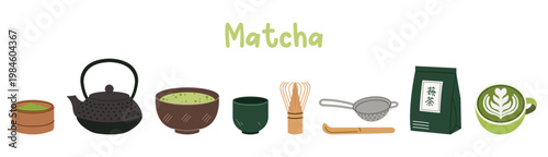 Vector collection for a traditional Japanese matcha tea ceremony. Includes matcha powder bowl, bamboo whisk, sifter, and matcha tin in a clean flat design