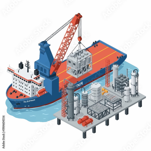 Offshore crane vessel lifting heavy cargo onto an oil rig platform.