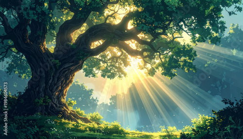 Ancient trunk illuminated by heavenly rays within shadowed grove. Sacred woodland mood with dramatic bark and emerald undergrowth. Powerful organic visual for spirituality themes and eco media