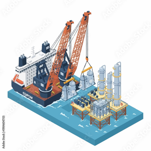 Offshore oil rig construction with heavy lift vessel and cranes.