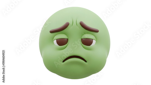 Green frowning face emoji on transparent background with brown eyes and eyebrows