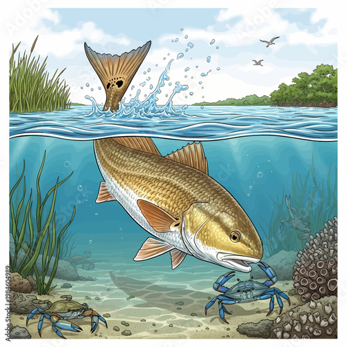 Redfish hunting blue crab in shallow water habitat vector illustration,