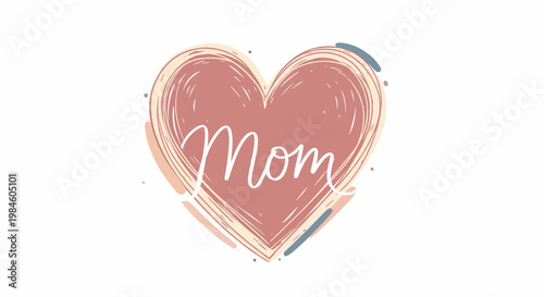 A soft, hand-drawn heart with the word 'Mom' beautifully inscribed within, rendered in a warm, pastel pink with delicate, artistic brushstrokes in muted peach and blue
