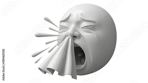 Gray cartoon face blowing nose on crumpled tissue on transparent background