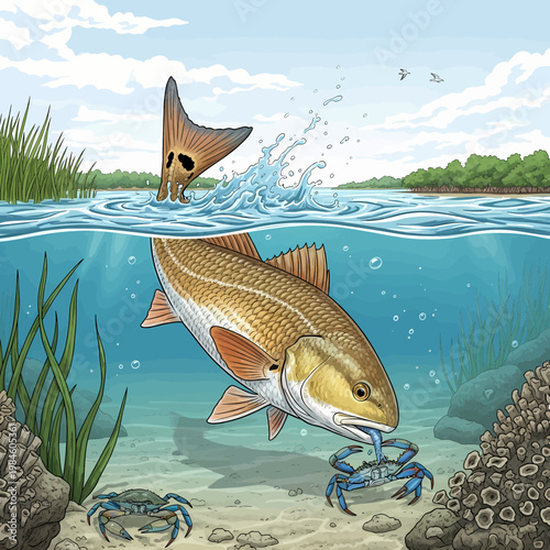 Redfish hunting blue crab in shallow water habitat vector illustration,