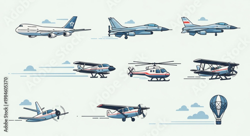 Collection of diverse aircraft and aviation vehicles in flight.