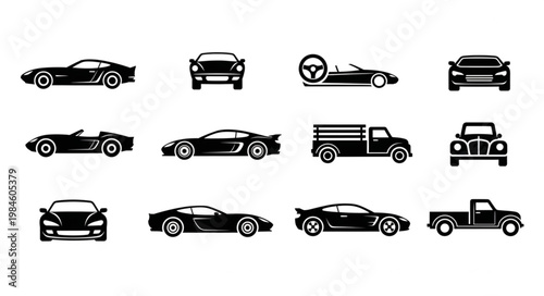 Collection of black car icons and silhouettes on white background.