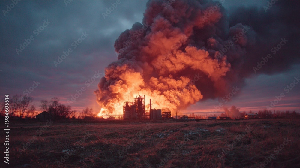 Fototapeta premium Dark smoke and flames: the stark reality of industrial complex vulnerabilities. Daily life. Dusk eruption: oil facility ablaze with intense flames and billowing smoke. True story.