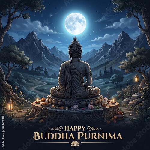 Buddha statue, meditation scene, serene landscape, full moon night