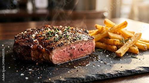 Potongan steak daging sapi matang dengan kentang goreng di piring hitam Estetika makan daging berkualitas tinggi dan natual