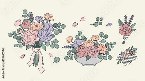 Colorful Bouquets of Roses and Lavender in Vase and Handheld