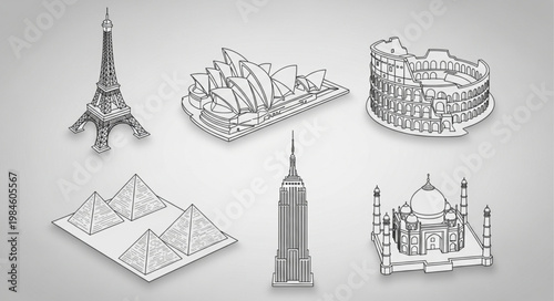 Collection of Famous World Landmarks in Sketch Style.
