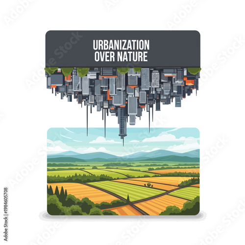 Urbanization Over Nature Concept: Cityscape Dominating Rural Landscape
