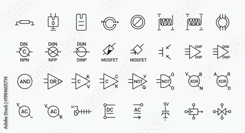 Collection of electronic circuit symbols and diagrams.