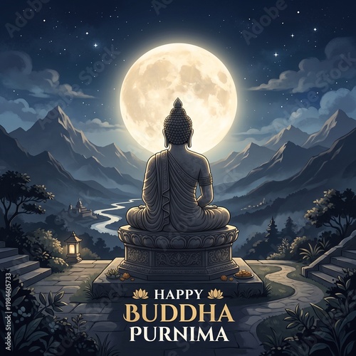 Buddha statue, full moon, mountain landscape, Happy Buddha Purnima, meditation, zen, spirituality