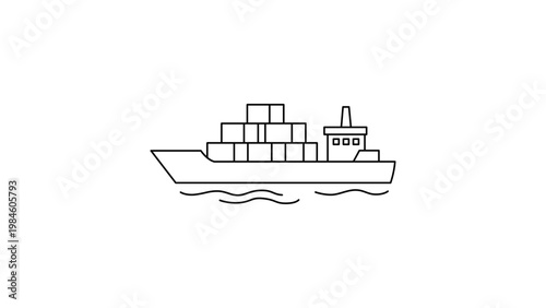 Minimalist black line vector icon of a cargo ship with stacked containers on waves, side view illustration for logistics, shipping, and global trade concepts, scalable outline design.