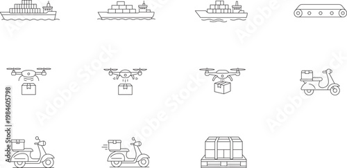 Logistics and Shipping Vector Icon Set: 11 Minimalist Black Line Outline Illustrations of Delivery Drones, Cargo Ships, Scooters, Conveyor Belts, and Pallet Loads for Global Trade and Transport.
