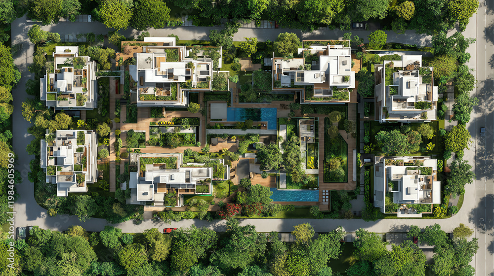 Obraz premium Aerial view of modern architectural complex surrounded by lush greenery and harmonious landscaping.