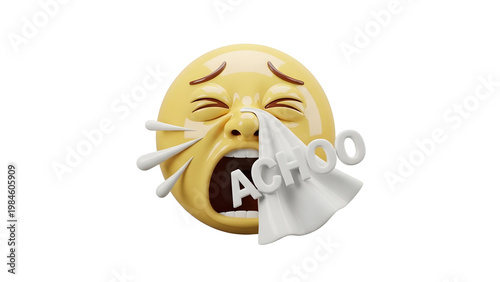 Sick yellow emoji sneezing with tissue on transparent background