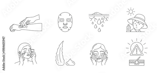 Skincare thin line icon set. Beauty routine and skin care outline icons. Editable stroke. Vector illustration.	