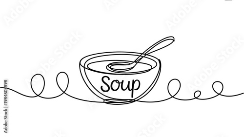 A bowl of soup with a spoon in it and a decorative line design