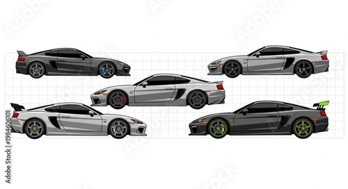 Collection of five modern sports cars in different colors.