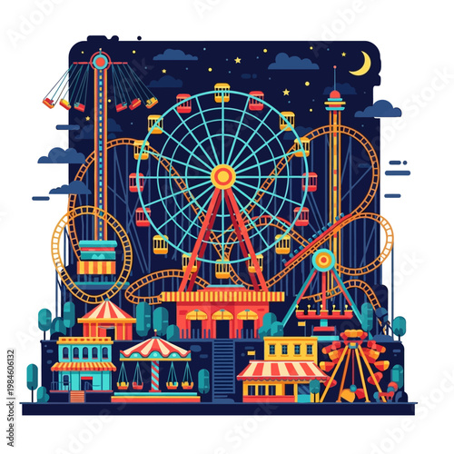 Vibrant Amusement Park Night Scene with Ferris Wheel and Roller Coaster