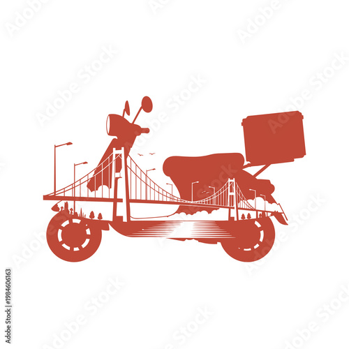 Scooter with city bridges inside, urban delivery and transport connection concept, double exposure icon