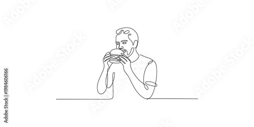 Continuous line drawing of a man eating a sandwich food person adult male portrait illustration