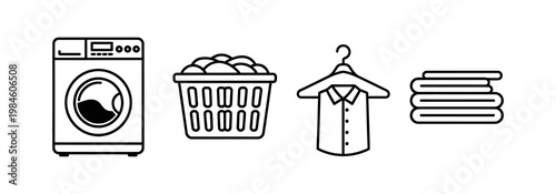 Laundry day essentials washing machine, basket of clothes, shirt on hanger, and folded laundry pile - a clean and organized domestic routine